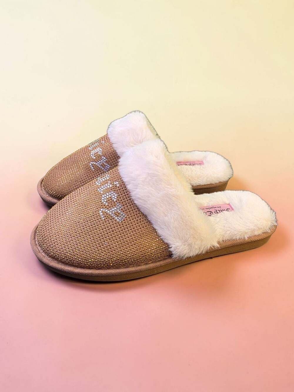Juicy Couture Crystal Embellished Faux Fur Slippers - Rose Gold, Size L
